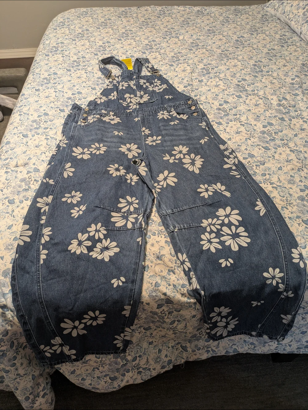 Women's Blue Floral Denim Bib Overalls - Barrel Leg - Picture 3 of 8
